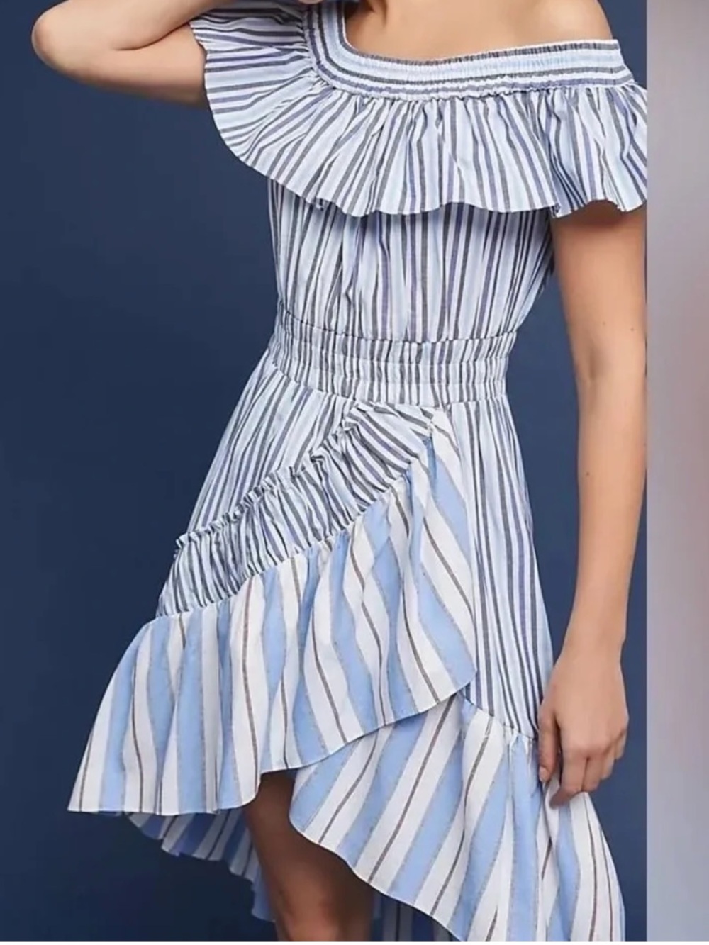 One-Shoulder Blue & White Striped Ruffle Dress